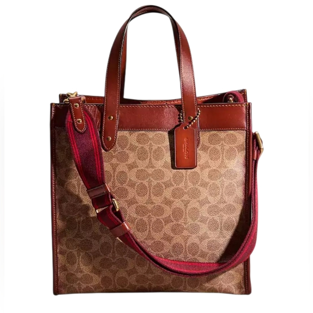 Coach Brown and Red Signature Tote Bag